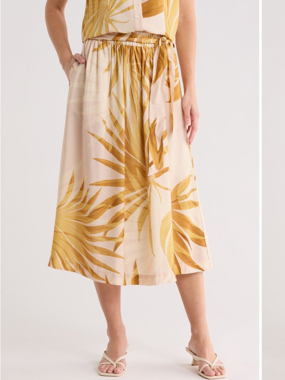 Joie Cream and Yellow Palm-Print Midi Skirt with removable Tie